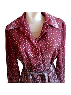 True Vintage Dress 10 1970s Burgundy & White Polka Dot Boho Shirt Dress Handmade